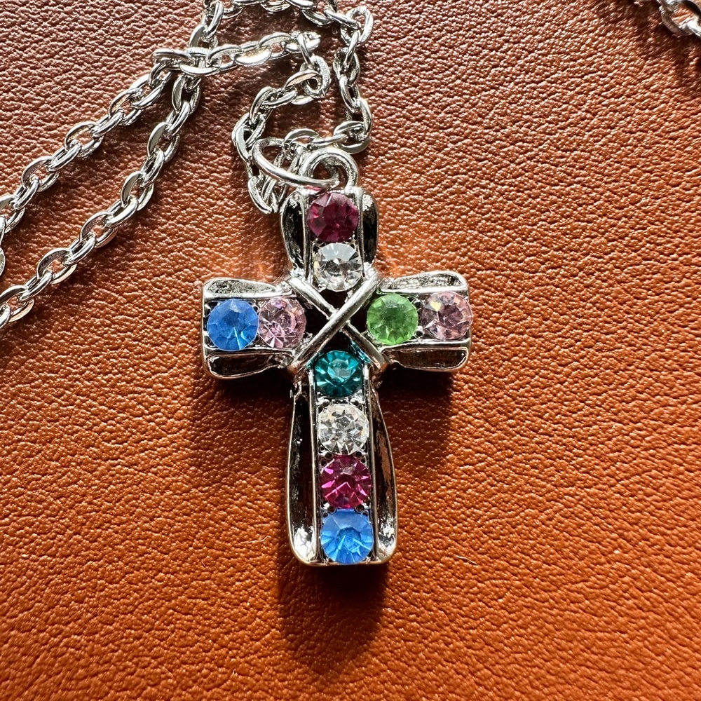 Multicolored Cross Necklace 18” - Silvertone - perfect for your little girl! New